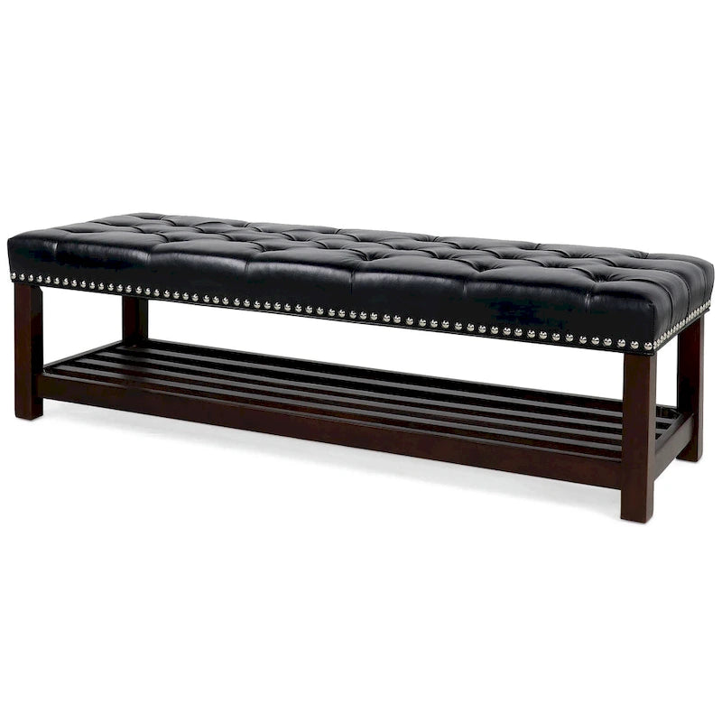 Tufted Upholstered End of Bed Bench with Nailhead Trim and Shelf