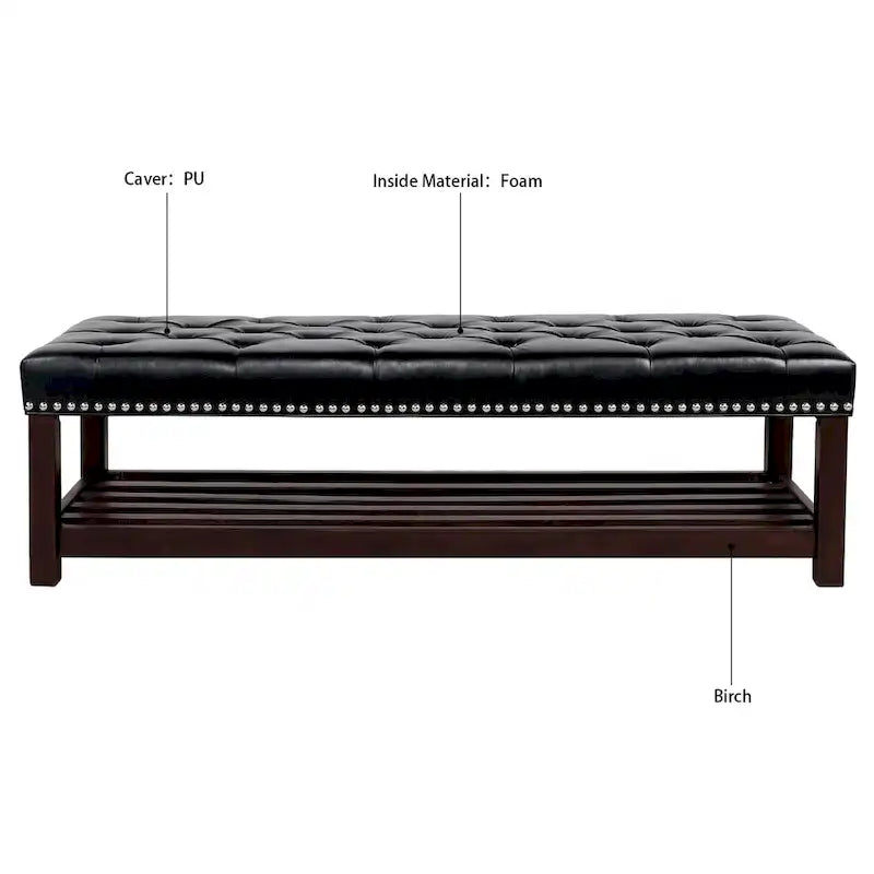 Tufted Upholstered End of Bed Bench with Nailhead Trim and Shelf