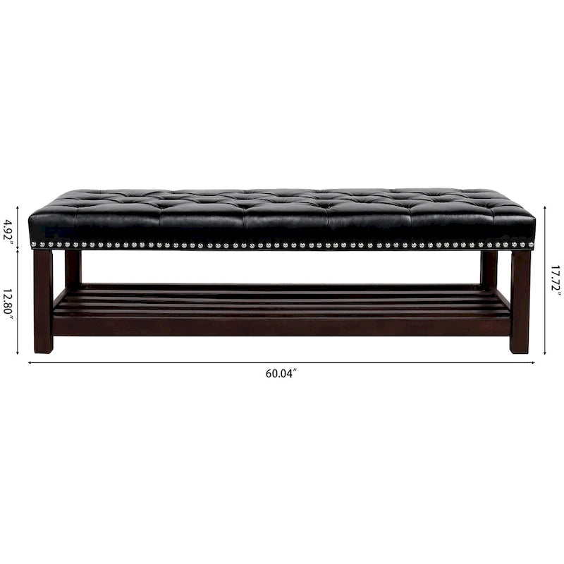 Tufted Upholstered End of Bed Bench with Nailhead Trim and Shelf