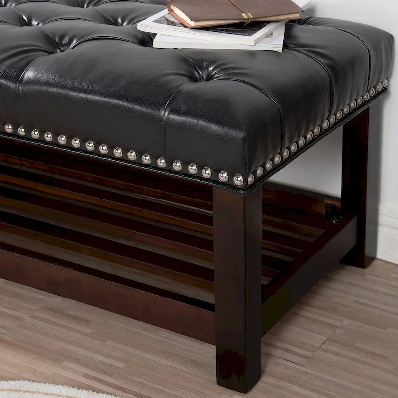 Tufted Upholstered End of Bed Bench with Nailhead Trim and Shelf