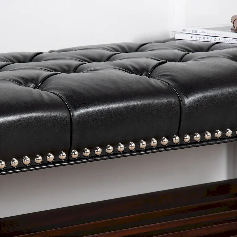 Tufted Upholstered End of Bed Bench with Nailhead Trim and Shelf