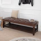 Tufted Upholstered End of Bed Bench with Nailhead Trim and Shelf
