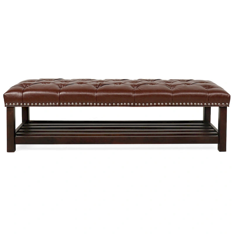 Tufted Upholstered End of Bed Bench with Nailhead Trim and Shelf