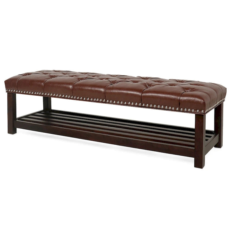 Tufted Upholstered End of Bed Bench with Nailhead Trim and Shelf