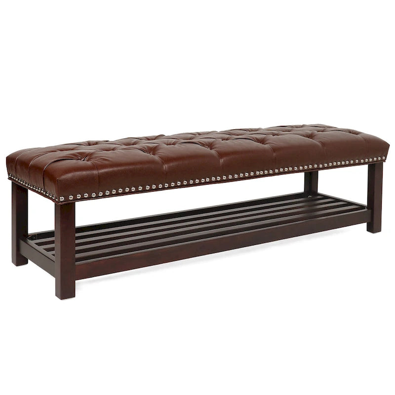 Tufted Upholstered End of Bed Bench with Nailhead Trim and Shelf