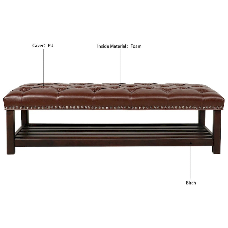 Tufted Upholstered End of Bed Bench with Nailhead Trim and Shelf