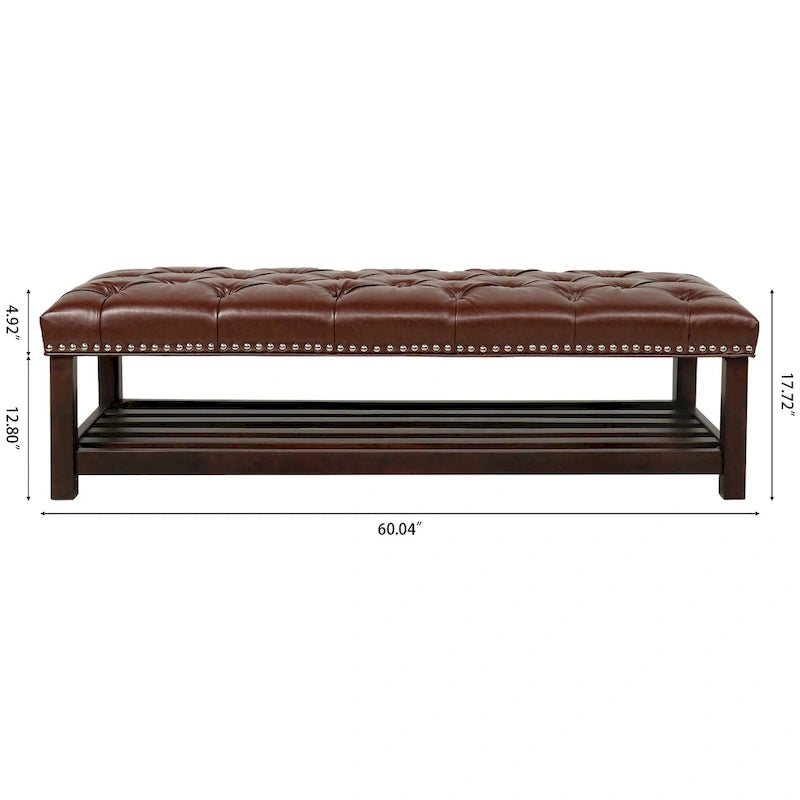 Tufted Upholstered End of Bed Bench with Nailhead Trim and Shelf