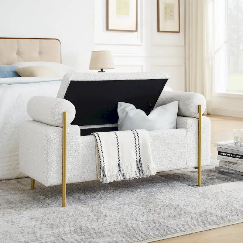 GDFStudio - Banc de rangement rembourré en lin Harper avec accoudoirs cylindriques et pieds en métal doré