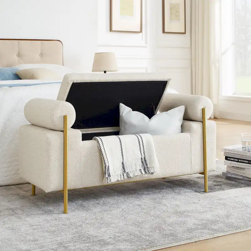 GDFStudio - Banc de rangement rembourré en lin Harper avec accoudoirs cylindriques et pieds en métal doré
