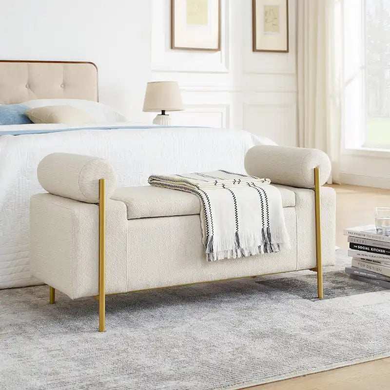GDFStudio - Banc de rangement rembourré en lin Harper avec accoudoirs cylindriques et pieds en métal doré