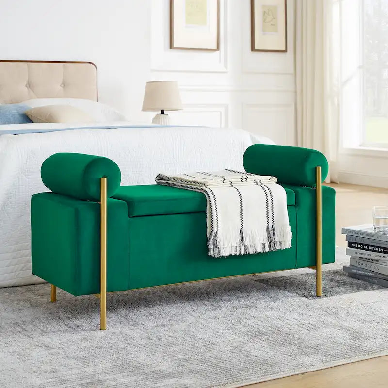 GDFStudio - Banc de rangement rembourré en lin Harper avec accoudoirs cylindriques et pieds en métal doré