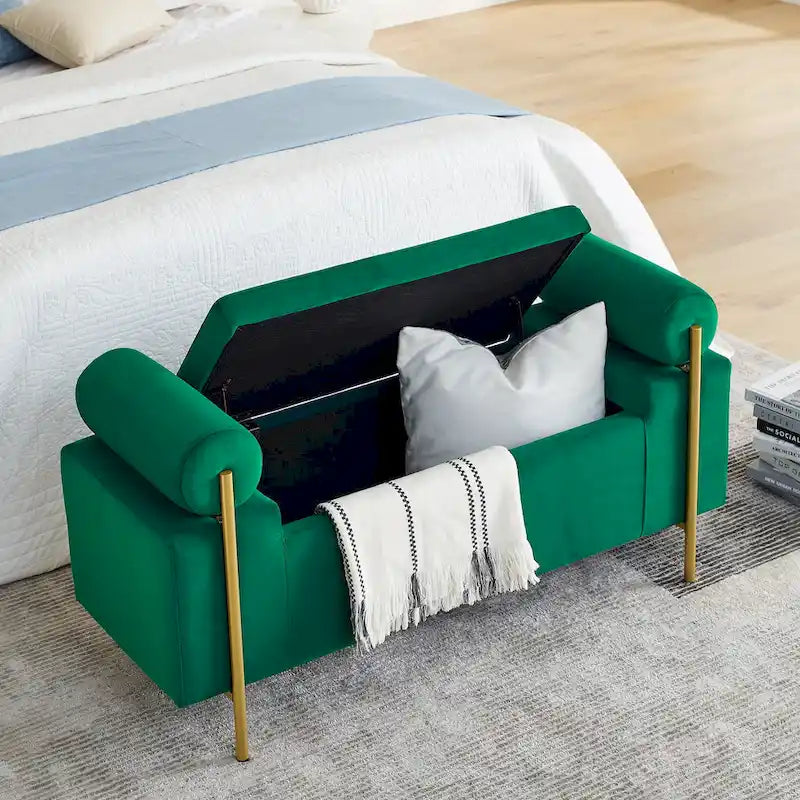 GDFStudio - Banc de rangement rembourré en lin Harper avec accoudoirs cylindriques et pieds en métal doré