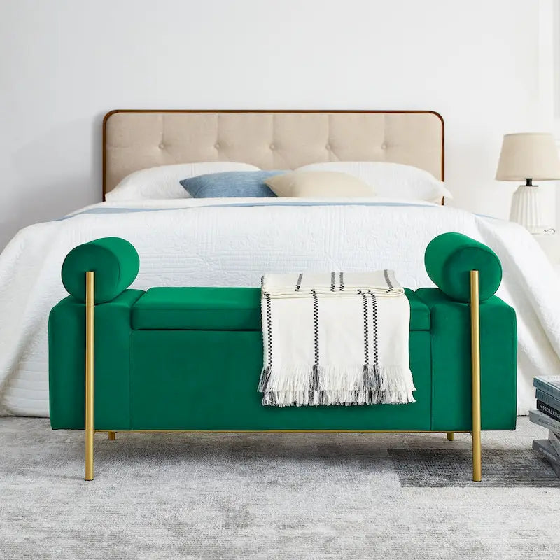GDFStudio - Banc de rangement rembourré en lin Harper avec accoudoirs cylindriques et pieds en métal doré