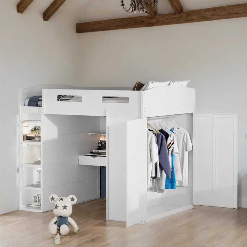 Lit mezzanine en bois pleine grandeur avec bureau, armoires, tiroirs et étagères