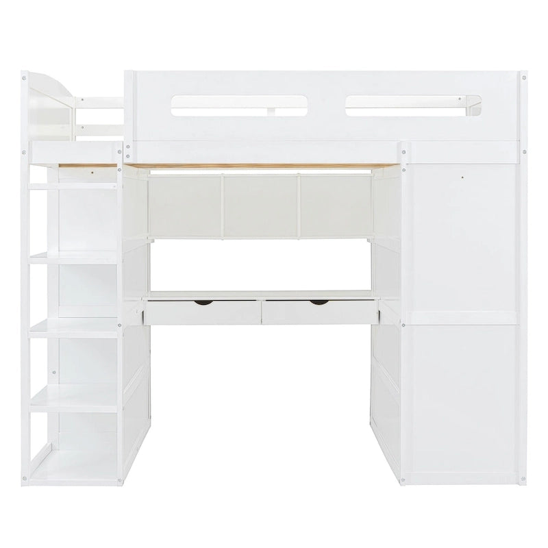 Lit mezzanine en bois pleine grandeur avec bureau, armoires, tiroirs et étagères