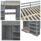 Lit mezzanine en bois pleine grandeur avec bureau, armoires, tiroirs et étagères