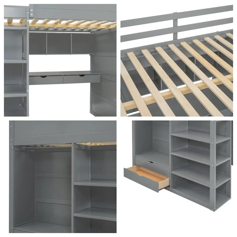 Lit mezzanine en bois pleine grandeur avec bureau, armoires, tiroirs et étagères