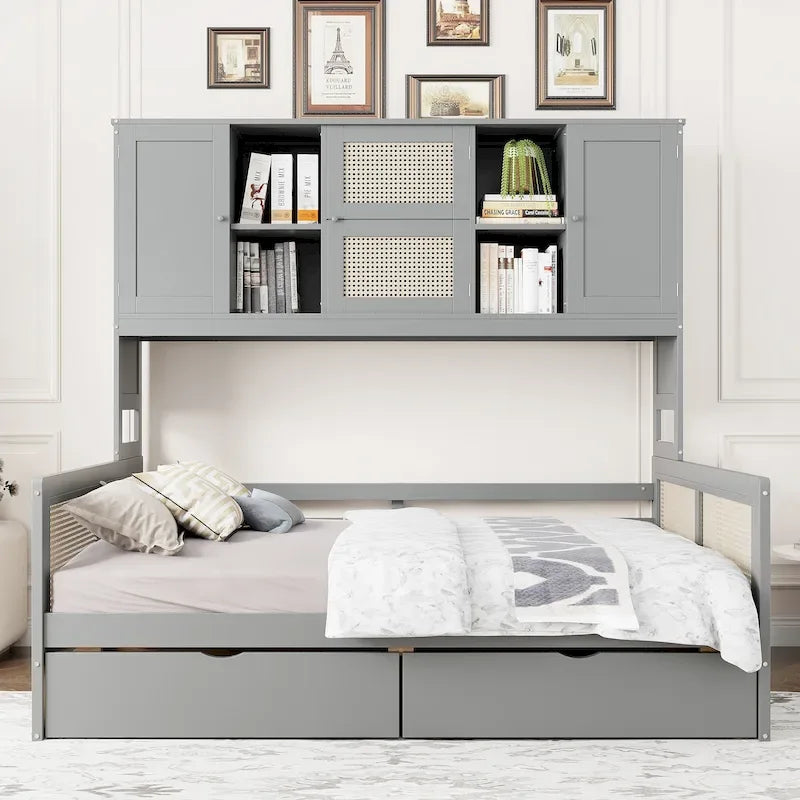 Lit de repos double avec tiroirs de rangement, armoire et étagère, construction en bois robuste