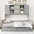 Lit de repos double avec tiroirs de rangement, armoire et étagère, construction en bois robuste