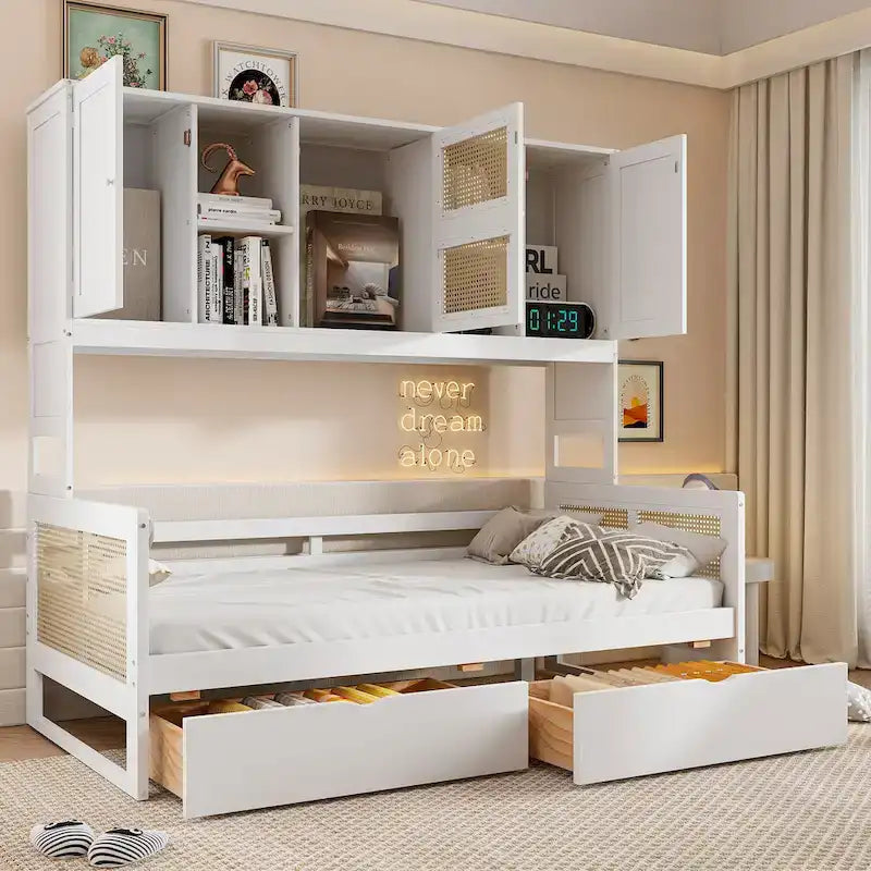Lit de repos double avec tiroirs de rangement, armoire et étagère, construction en bois robuste
