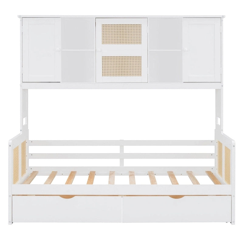 Lit de repos double avec tiroirs de rangement, armoire et étagère, construction en bois robuste