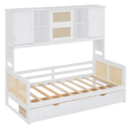 Lit de repos double avec tiroirs de rangement, armoire et étagère, construction en bois robuste