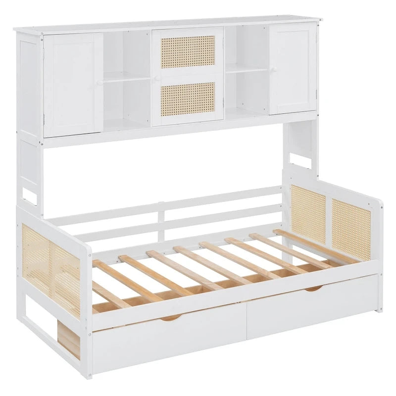 Lit de repos double avec tiroirs de rangement, armoire et étagère, construction en bois robuste