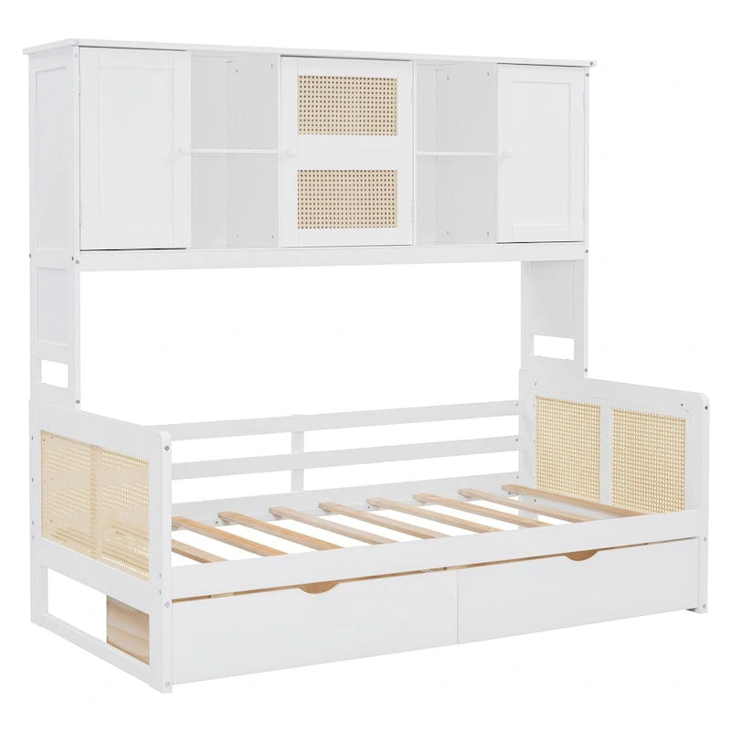 Lit de repos double avec tiroirs de rangement, armoire et étagère, construction en bois robuste