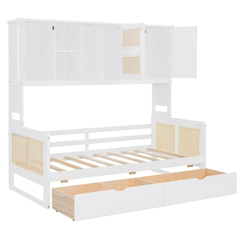 Lit de repos double avec tiroirs de rangement, armoire et étagère, construction en bois robuste