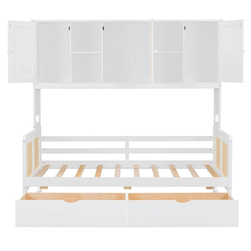 Lit de repos double avec tiroirs de rangement, armoire et étagère, construction en bois robuste