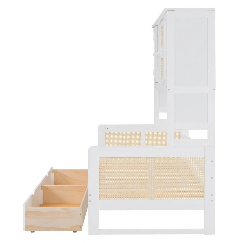 Lit de repos double avec tiroirs de rangement, armoire et étagère, construction en bois robuste