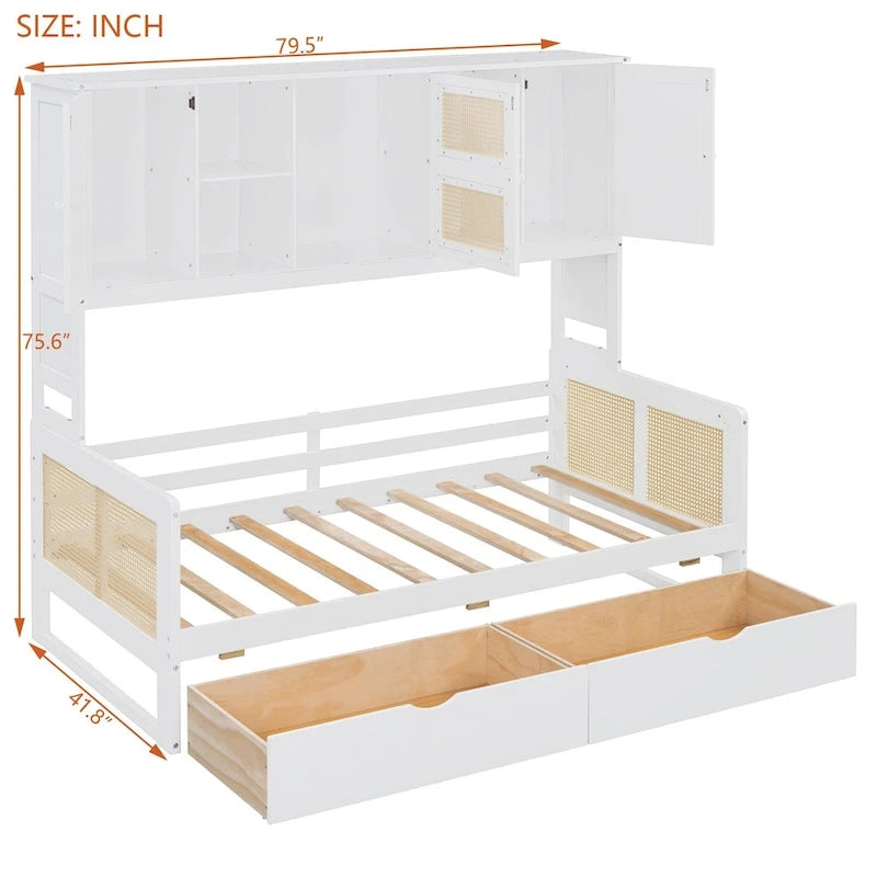 Lit de repos double avec tiroirs de rangement, armoire et étagère, construction en bois robuste