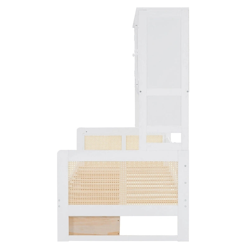 Lit de repos double avec tiroirs de rangement, armoire et étagère, construction en bois robuste