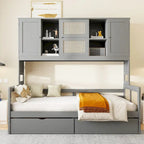 Lit de repos double avec tiroirs de rangement, armoire et étagère, construction en bois robuste