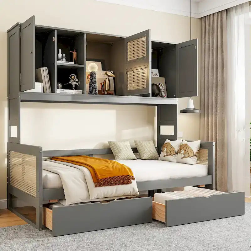 Lit de repos double avec tiroirs de rangement, armoire et étagère, construction en bois robuste