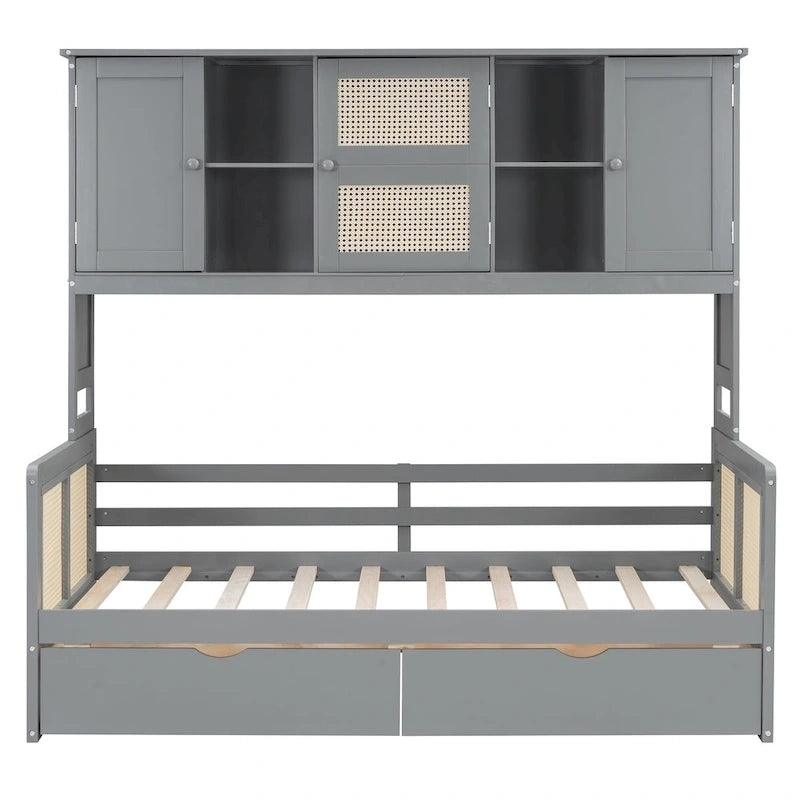 Lit de repos double avec tiroirs de rangement, armoire et étagère, construction en bois robuste
