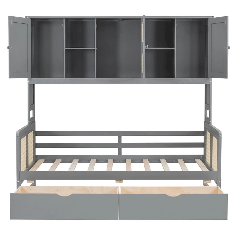 Lit de repos double avec tiroirs de rangement, armoire et étagère, construction en bois robuste