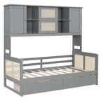Lit de repos double avec tiroirs de rangement, armoire et étagère, construction en bois robuste