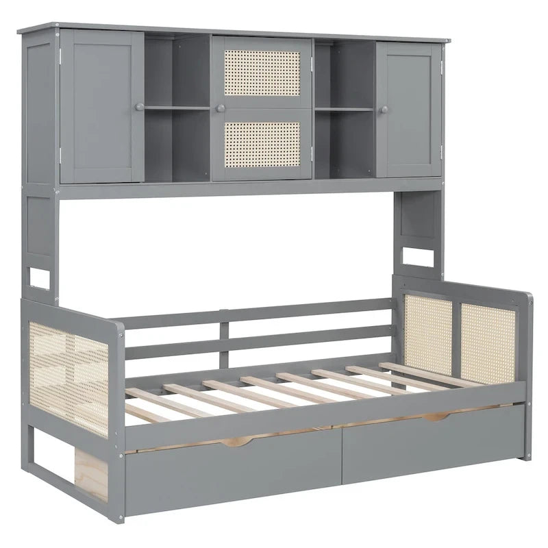 Lit de repos double avec tiroirs de rangement, armoire et étagère, construction en bois robuste