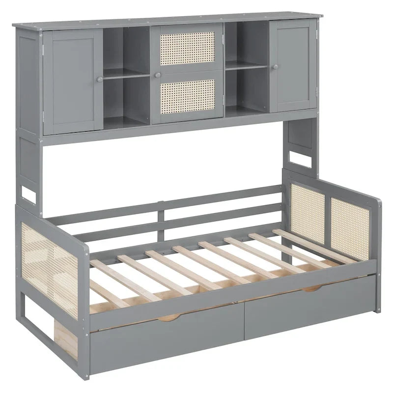 Lit de repos double avec tiroirs de rangement, armoire et étagère, construction en bois robuste