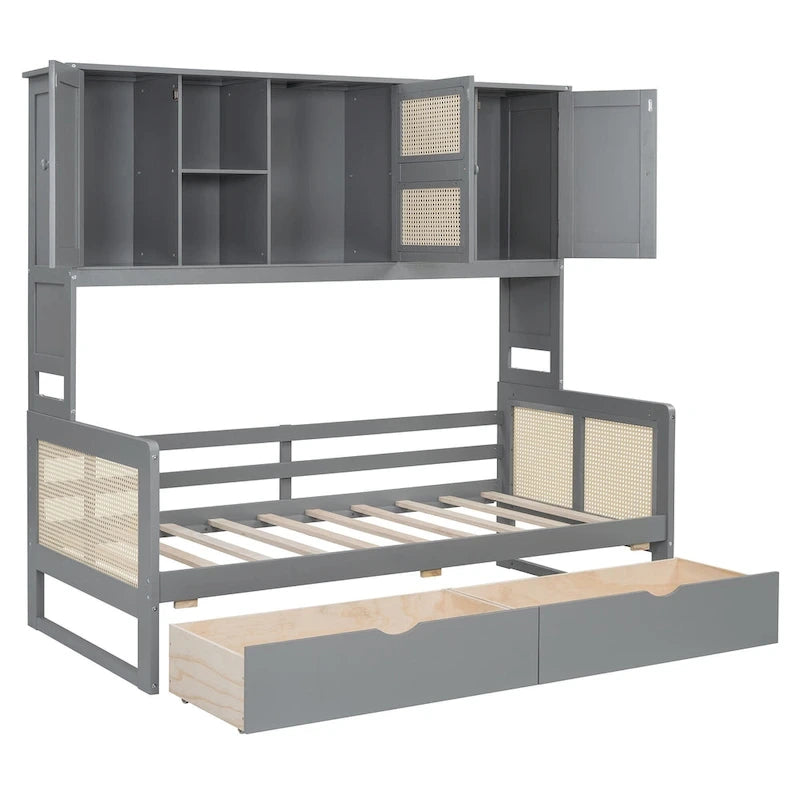 Lit de repos double avec tiroirs de rangement, armoire et étagère, construction en bois robuste