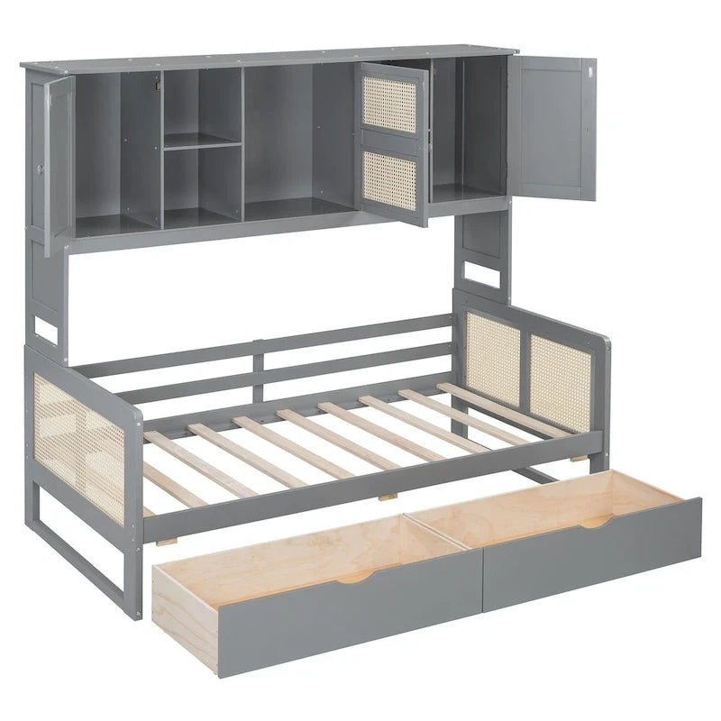 Lit de repos double avec tiroirs de rangement, armoire et étagère, construction en bois robuste