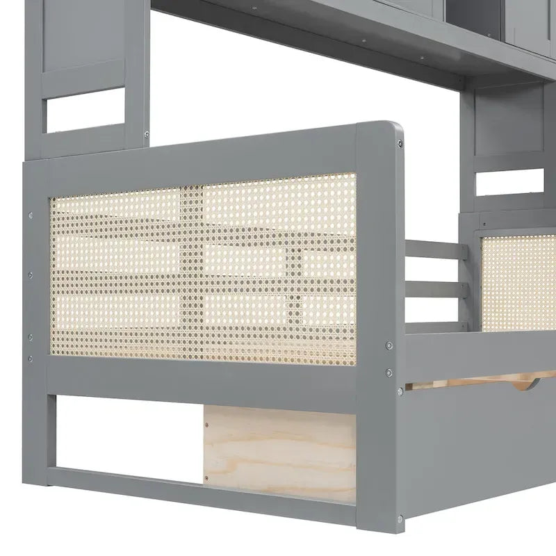 Lit de repos double avec tiroirs de rangement, armoire et étagère, construction en bois robuste