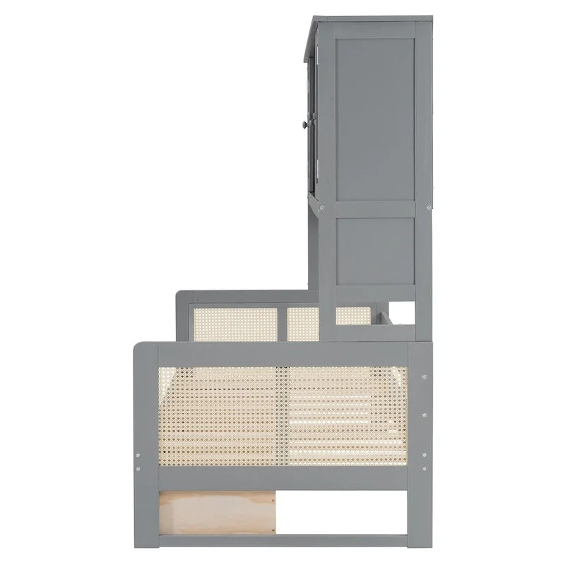Lit de repos double avec tiroirs de rangement, armoire et étagère, construction en bois robuste