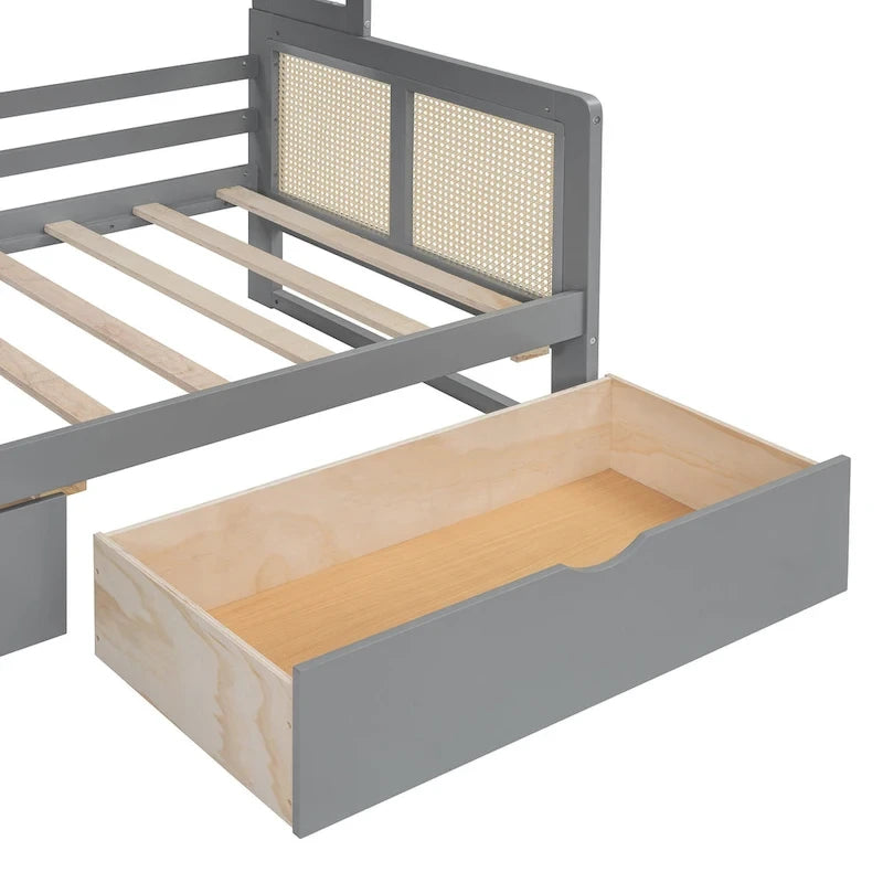 Lit de repos double avec tiroirs de rangement, armoire et étagère, construction en bois robuste
