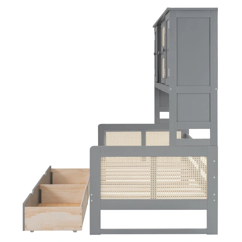 Lit de repos double avec tiroirs de rangement, armoire et étagère, construction en bois robuste