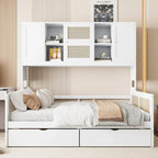 Lit de repos double avec tiroirs de rangement, armoire et étagère, construction en bois robuste