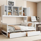 Lit de repos double avec tiroirs de rangement, armoire et étagère, construction en bois robuste