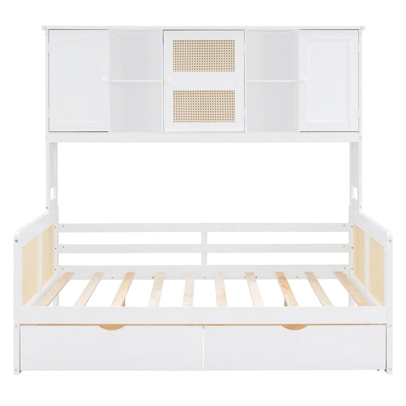 Lit de repos double avec tiroirs de rangement, armoire et étagère, construction en bois robuste