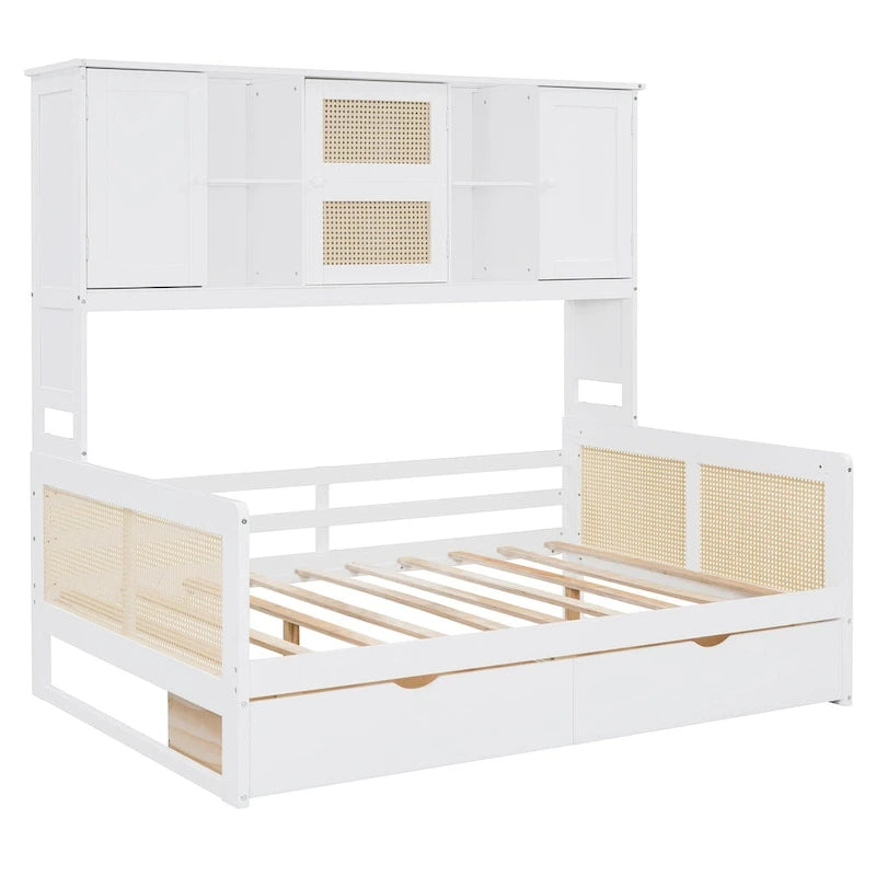 Lit de repos double avec tiroirs de rangement, armoire et étagère, construction en bois robuste